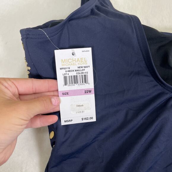 NWT Michael Kors U-Neck Gold Studded Sides Maillot 1-PC Swimsuit Navy Blue 22W - Picture 10 of 15